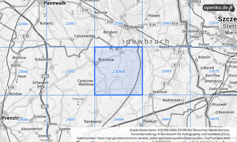 Übersichtskarte KOSTRA-DWD-2010R Rasterfeld Nr. 23068 mit angrenzenden Feldern