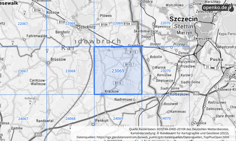 Übersichtskarte KOSTRA-DWD-2010R Rasterfeld Nr. 23069 mit angrenzenden Feldern