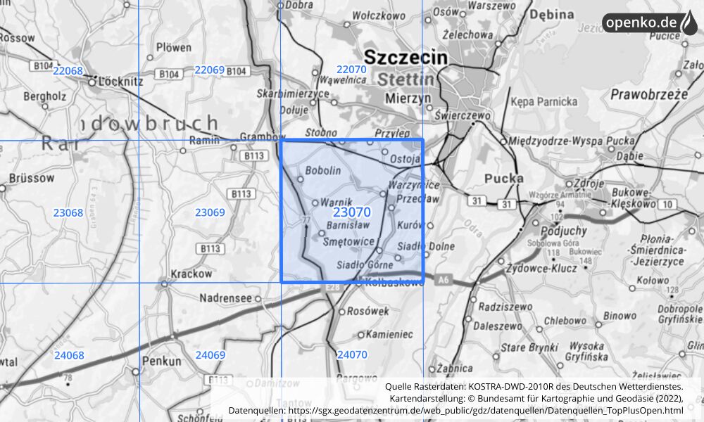 Übersichtskarte KOSTRA-DWD-2010R Rasterfeld Nr. 23070 mit angrenzenden Feldern