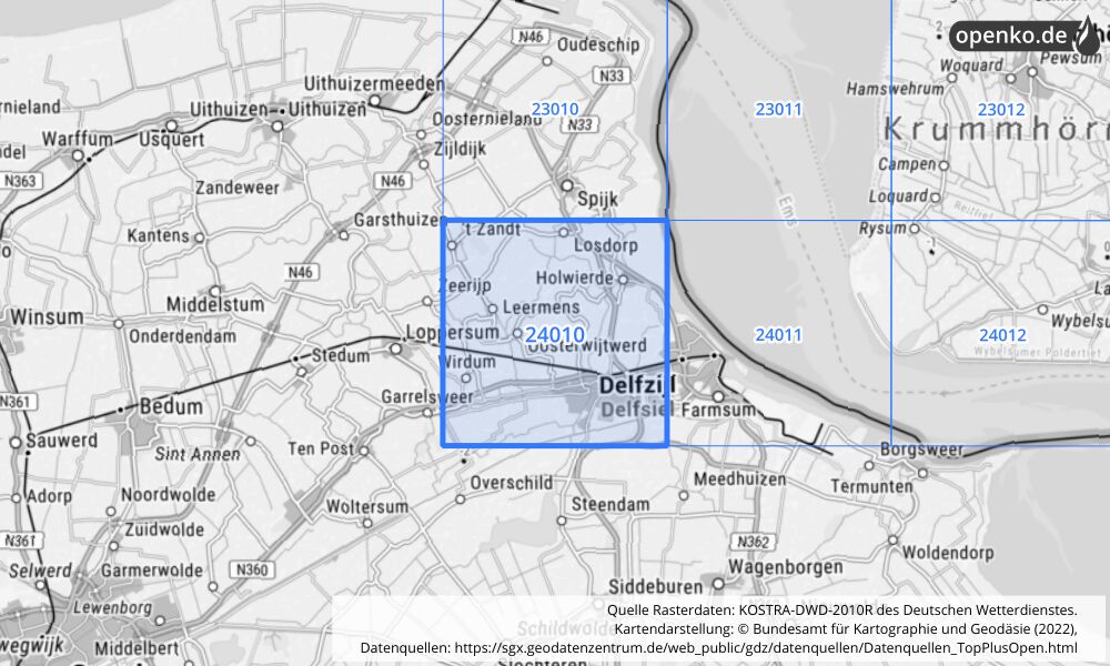 Übersichtskarte KOSTRA-DWD-2010R Rasterfeld Nr. 24010 mit angrenzenden Feldern