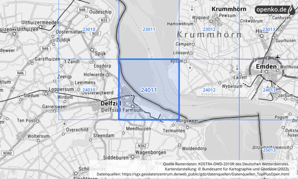 Übersichtskarte KOSTRA-DWD-2010R Rasterfeld Nr. 24011 mit angrenzenden Feldern