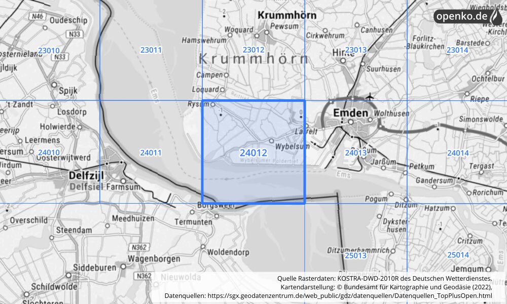 Übersichtskarte KOSTRA-DWD-2010R Rasterfeld Nr. 24012 mit angrenzenden Feldern