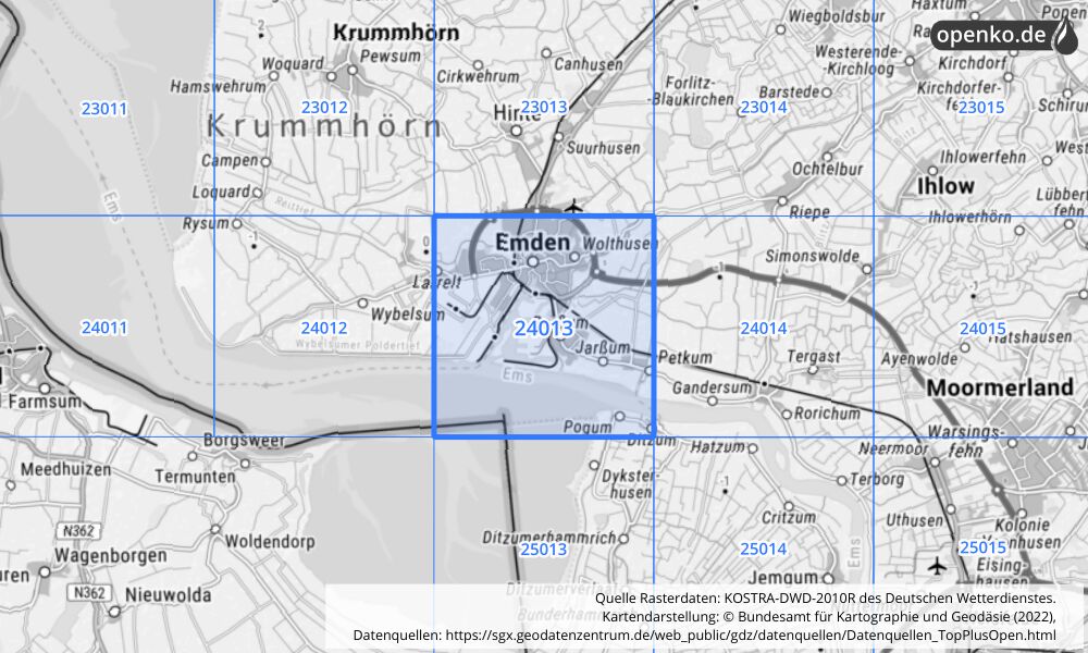 Übersichtskarte KOSTRA-DWD-2010R Rasterfeld Nr. 24013 mit angrenzenden Feldern