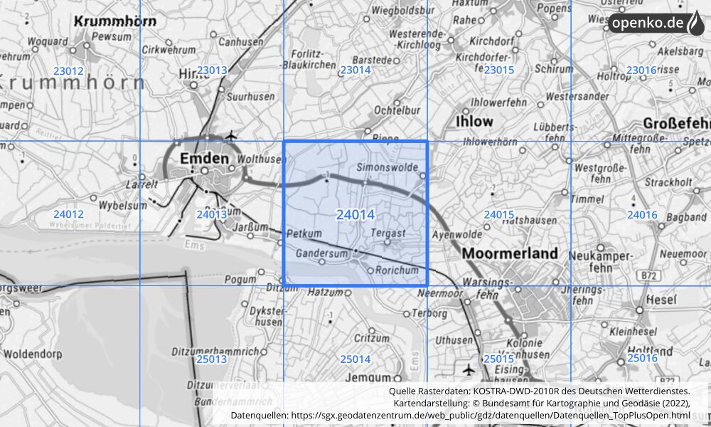 Übersichtskarte KOSTRA-DWD-2010R Rasterfeld Nr. 24014 mit angrenzenden Feldern