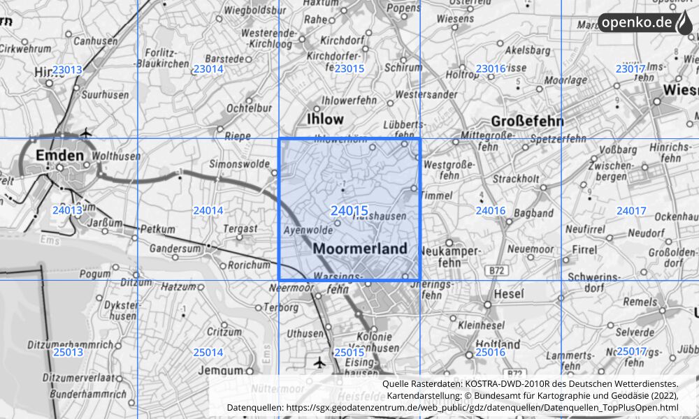 Übersichtskarte KOSTRA-DWD-2010R Rasterfeld Nr. 24015 mit angrenzenden Feldern