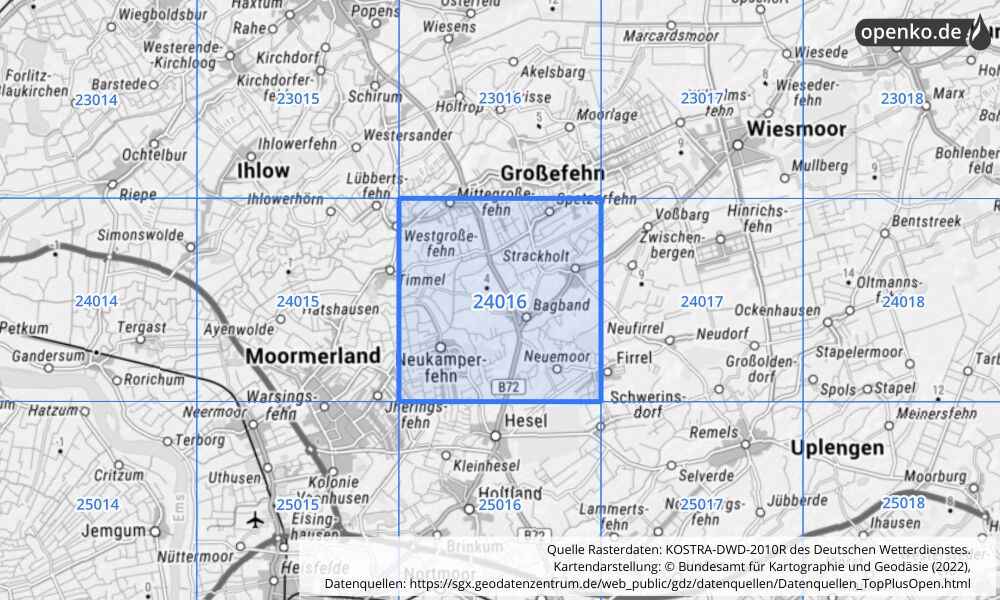 Übersichtskarte KOSTRA-DWD-2010R Rasterfeld Nr. 24016 mit angrenzenden Feldern