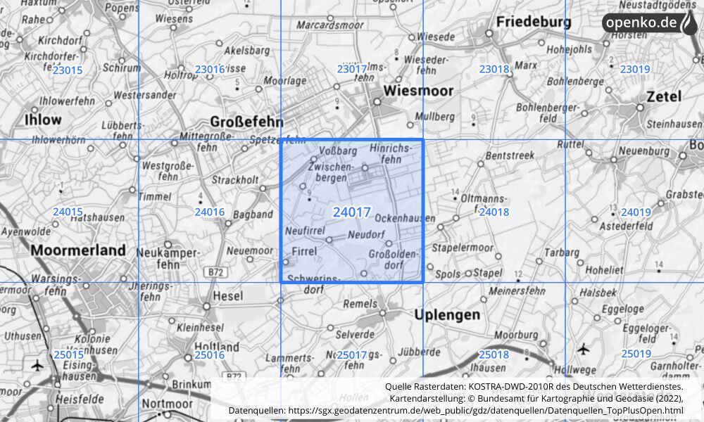 Übersichtskarte KOSTRA-DWD-2010R Rasterfeld Nr. 24017 mit angrenzenden Feldern