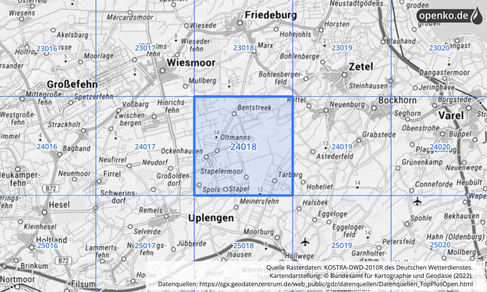 Übersichtskarte KOSTRA-DWD-2010R Rasterfeld Nr. 24018 mit angrenzenden Feldern