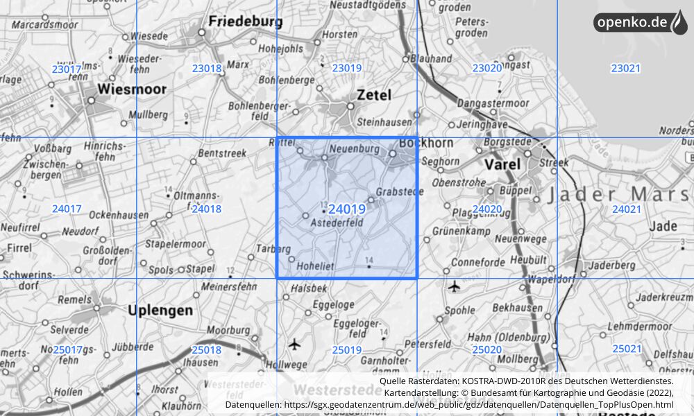 Übersichtskarte KOSTRA-DWD-2010R Rasterfeld Nr. 24019 mit angrenzenden Feldern