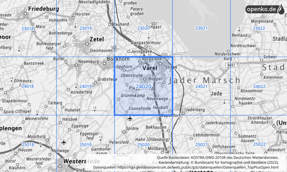 Übersichtskarte KOSTRA-DWD-2010R Rasterfeld Nr. 24020 mit angrenzenden Feldern