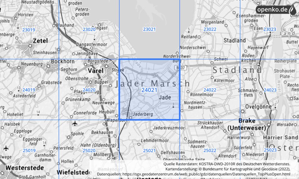 Übersichtskarte KOSTRA-DWD-2010R Rasterfeld Nr. 24021 mit angrenzenden Feldern