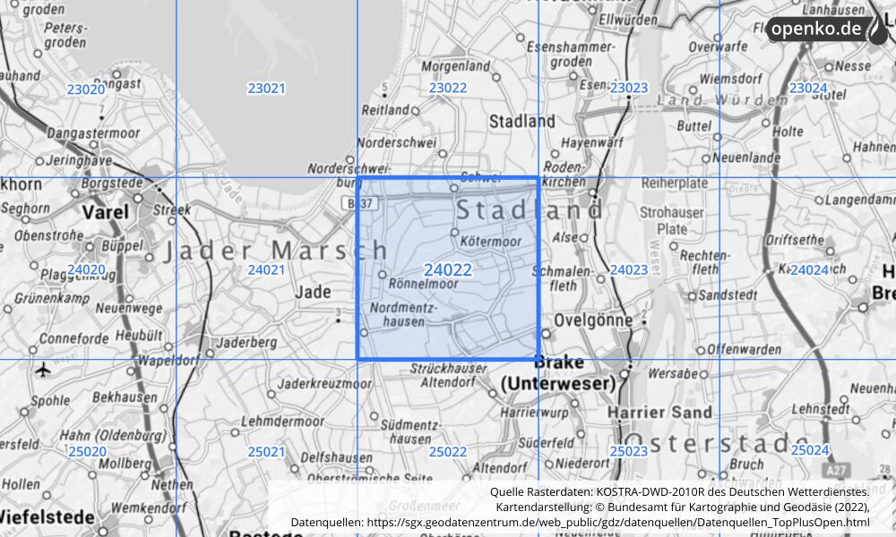 Übersichtskarte KOSTRA-DWD-2010R Rasterfeld Nr. 24022 mit angrenzenden Feldern