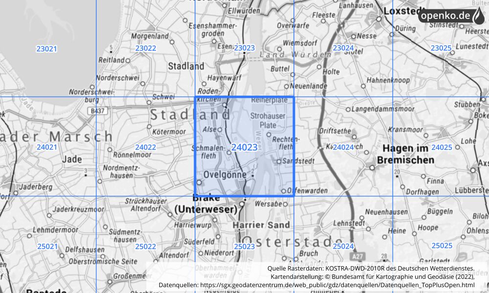 Übersichtskarte KOSTRA-DWD-2010R Rasterfeld Nr. 24023 mit angrenzenden Feldern