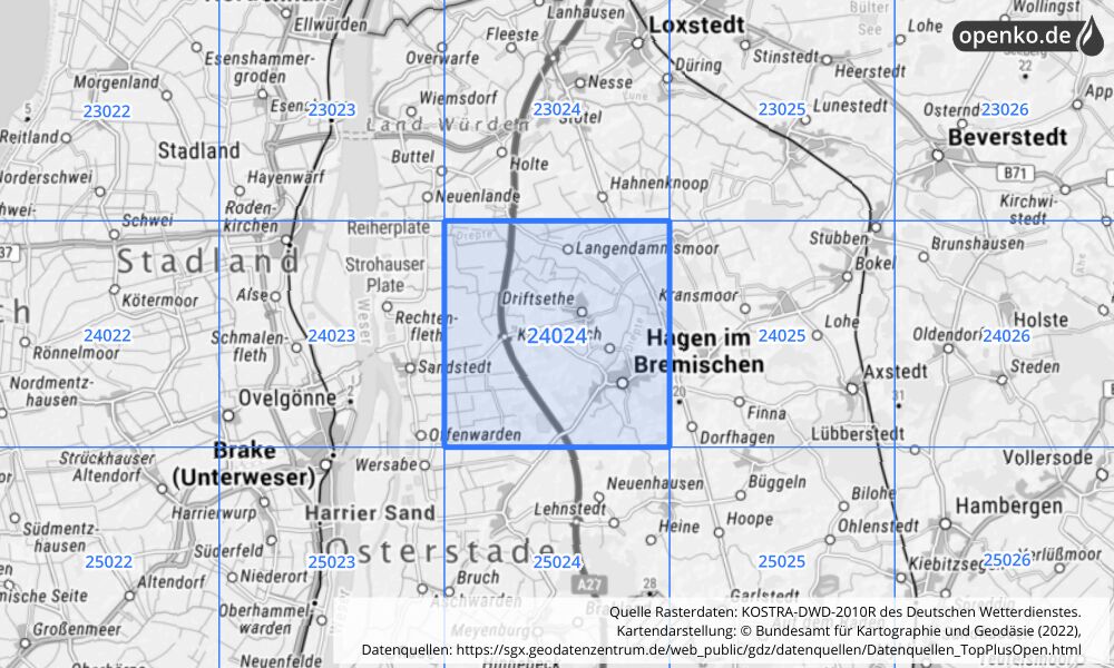 Übersichtskarte KOSTRA-DWD-2010R Rasterfeld Nr. 24024 mit angrenzenden Feldern