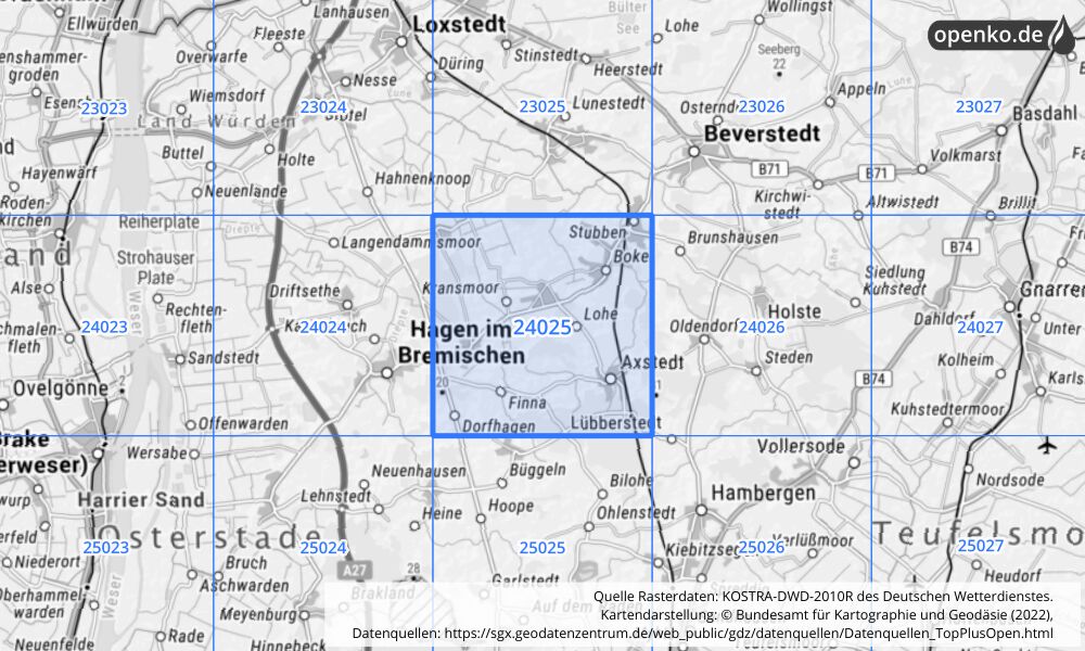 Übersichtskarte KOSTRA-DWD-2010R Rasterfeld Nr. 24025 mit angrenzenden Feldern