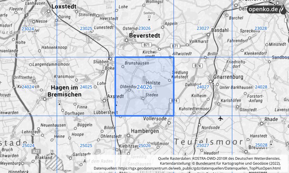 Übersichtskarte KOSTRA-DWD-2010R Rasterfeld Nr. 24026 mit angrenzenden Feldern