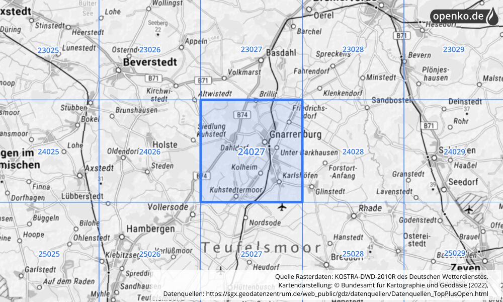 Übersichtskarte KOSTRA-DWD-2010R Rasterfeld Nr. 24027 mit angrenzenden Feldern