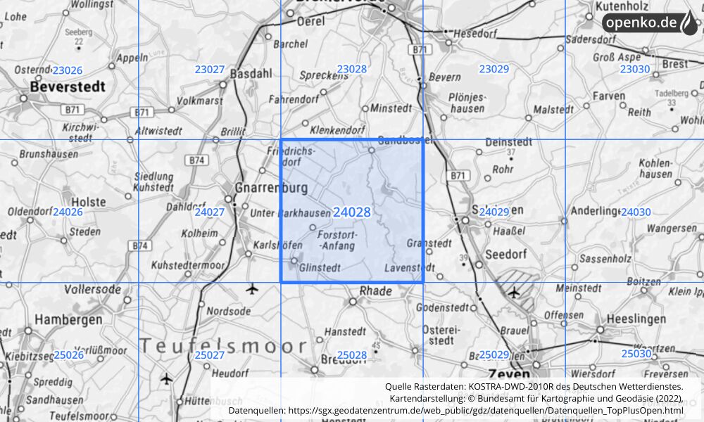 Übersichtskarte KOSTRA-DWD-2010R Rasterfeld Nr. 24028 mit angrenzenden Feldern