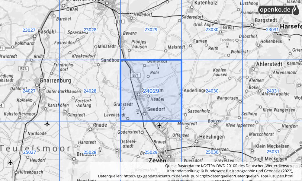 Übersichtskarte KOSTRA-DWD-2010R Rasterfeld Nr. 24029 mit angrenzenden Feldern