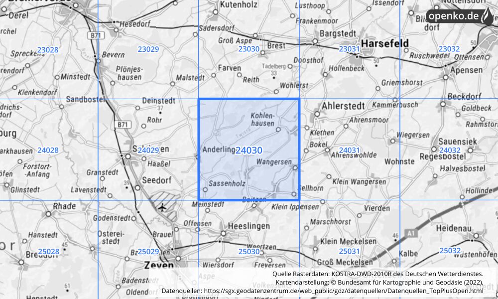 Übersichtskarte KOSTRA-DWD-2010R Rasterfeld Nr. 24030 mit angrenzenden Feldern