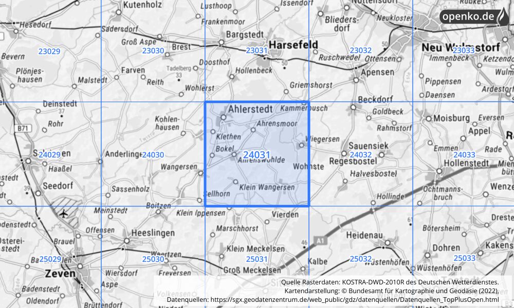 Übersichtskarte KOSTRA-DWD-2010R Rasterfeld Nr. 24031 mit angrenzenden Feldern