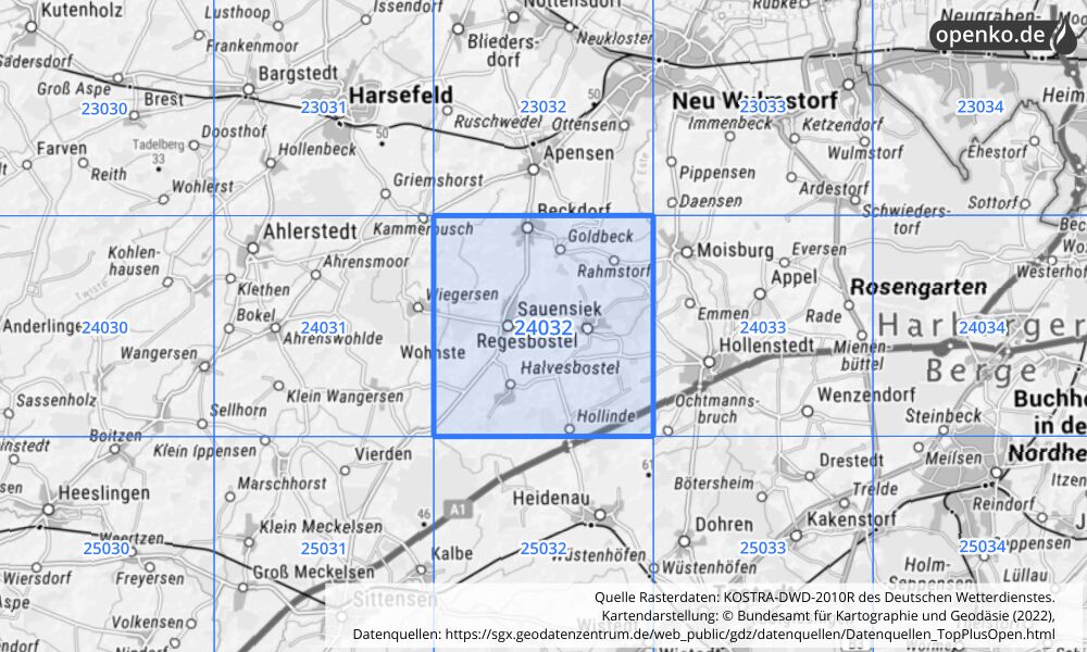 Übersichtskarte KOSTRA-DWD-2010R Rasterfeld Nr. 24032 mit angrenzenden Feldern