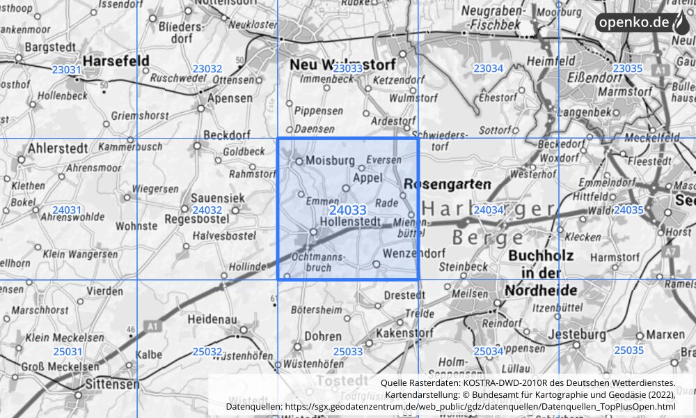 Übersichtskarte KOSTRA-DWD-2010R Rasterfeld Nr. 24033 mit angrenzenden Feldern