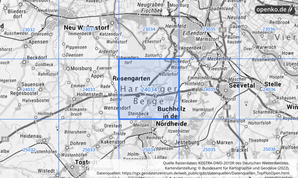 Übersichtskarte KOSTRA-DWD-2010R Rasterfeld Nr. 24034 mit angrenzenden Feldern