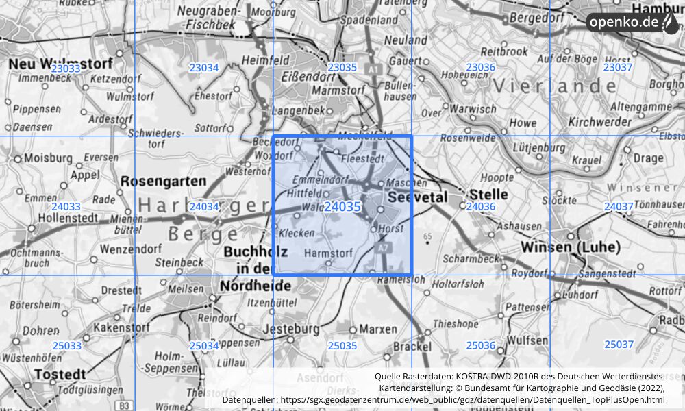 Übersichtskarte KOSTRA-DWD-2010R Rasterfeld Nr. 24035 mit angrenzenden Feldern