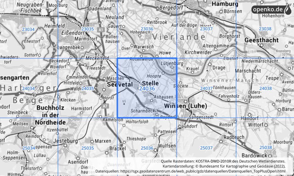 Übersichtskarte KOSTRA-DWD-2010R Rasterfeld Nr. 24036 mit angrenzenden Feldern