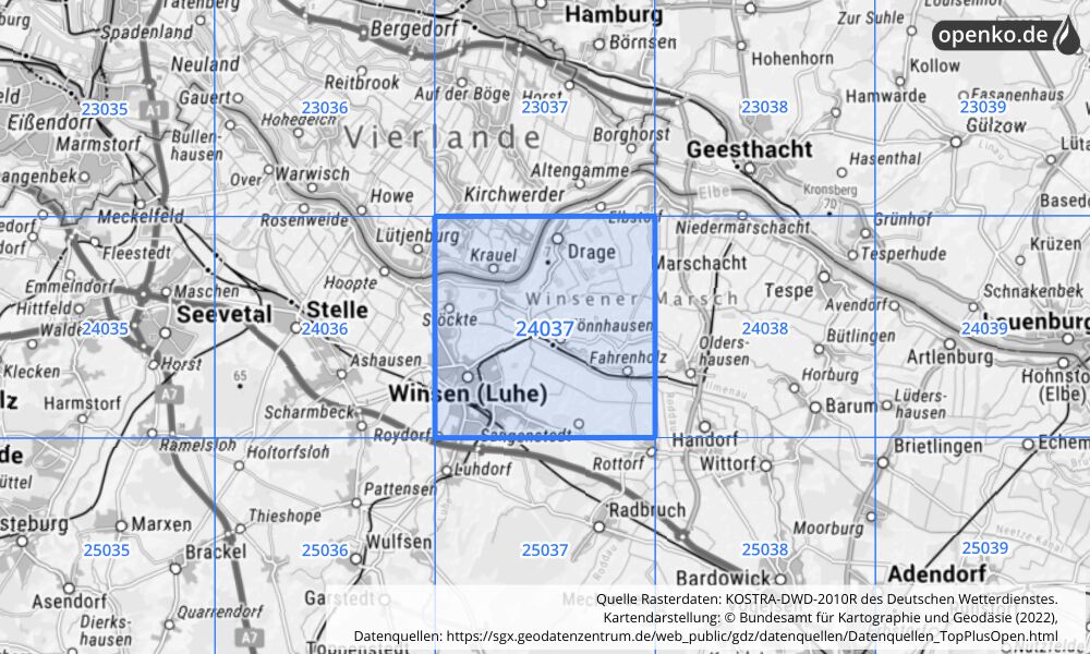 Übersichtskarte KOSTRA-DWD-2010R Rasterfeld Nr. 24037 mit angrenzenden Feldern