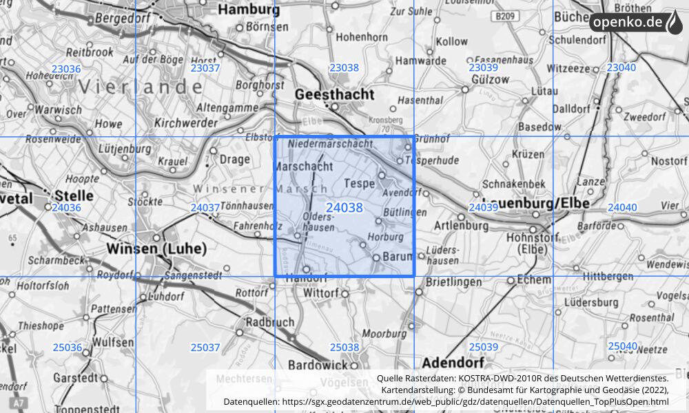 Übersichtskarte KOSTRA-DWD-2010R Rasterfeld Nr. 24038 mit angrenzenden Feldern