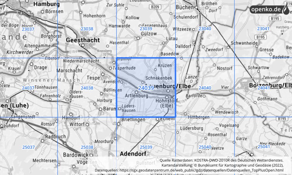 Übersichtskarte KOSTRA-DWD-2010R Rasterfeld Nr. 24039 mit angrenzenden Feldern