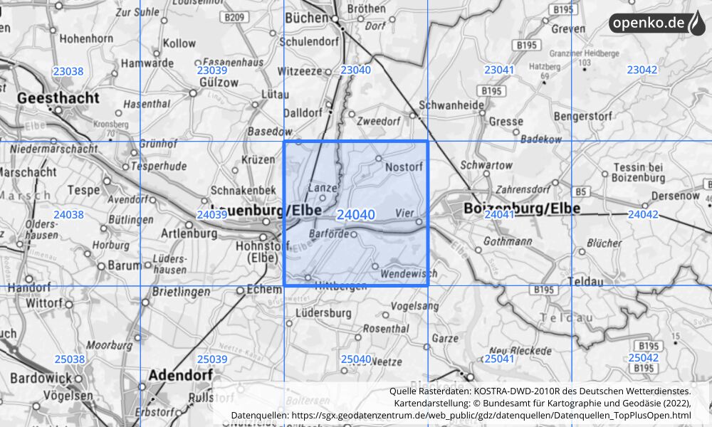 Übersichtskarte KOSTRA-DWD-2010R Rasterfeld Nr. 24040 mit angrenzenden Feldern