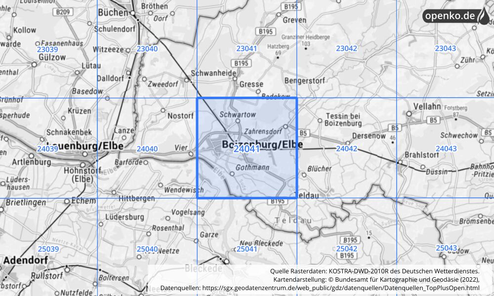 Übersichtskarte KOSTRA-DWD-2010R Rasterfeld Nr. 24041 mit angrenzenden Feldern