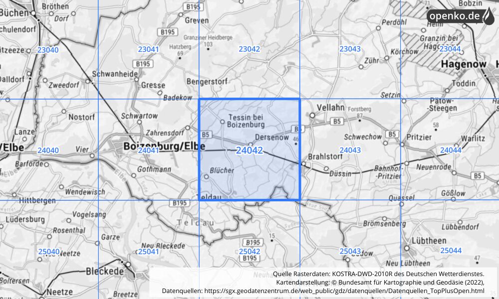 Übersichtskarte KOSTRA-DWD-2010R Rasterfeld Nr. 24042 mit angrenzenden Feldern