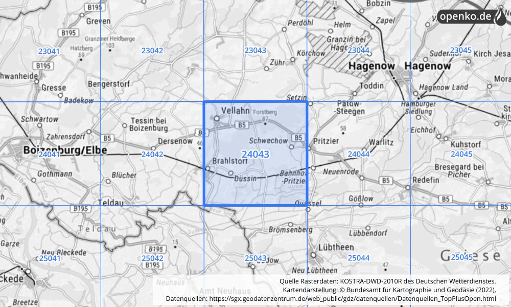 Übersichtskarte KOSTRA-DWD-2010R Rasterfeld Nr. 24043 mit angrenzenden Feldern