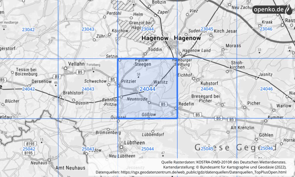Übersichtskarte KOSTRA-DWD-2010R Rasterfeld Nr. 24044 mit angrenzenden Feldern