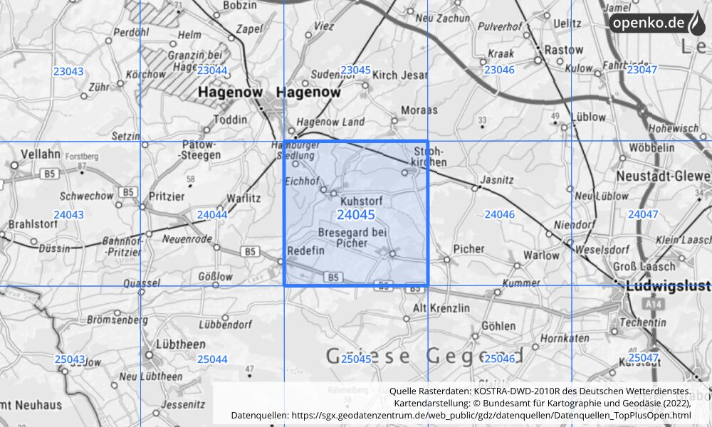 Übersichtskarte KOSTRA-DWD-2010R Rasterfeld Nr. 24045 mit angrenzenden Feldern