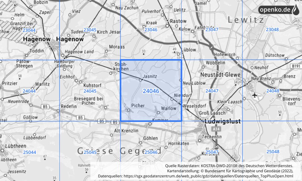Übersichtskarte KOSTRA-DWD-2010R Rasterfeld Nr. 24046 mit angrenzenden Feldern