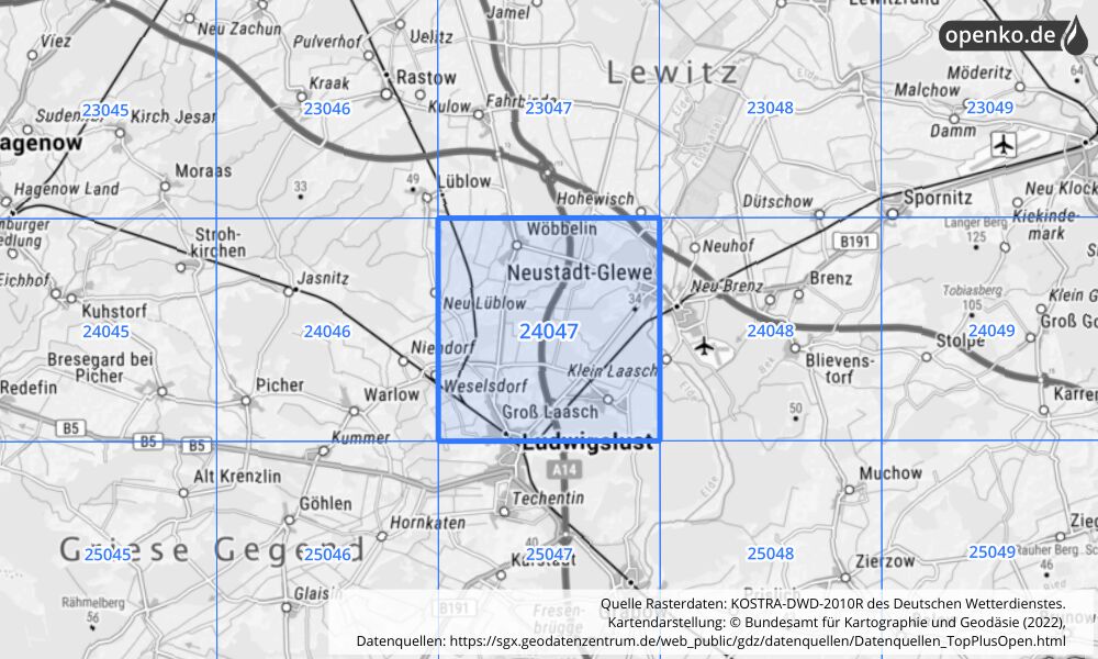 Übersichtskarte KOSTRA-DWD-2010R Rasterfeld Nr. 24047 mit angrenzenden Feldern