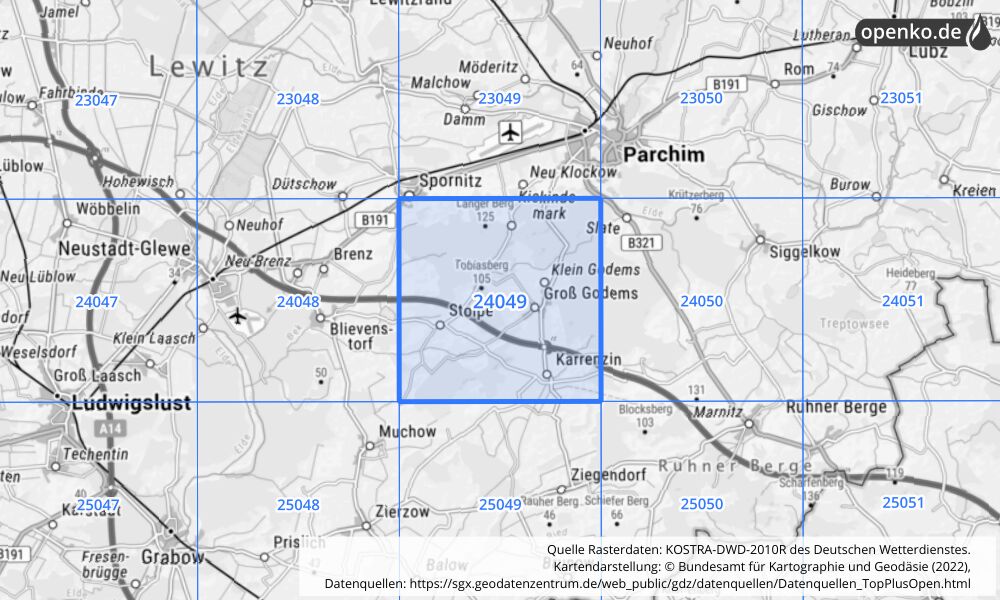 Übersichtskarte KOSTRA-DWD-2010R Rasterfeld Nr. 24049 mit angrenzenden Feldern