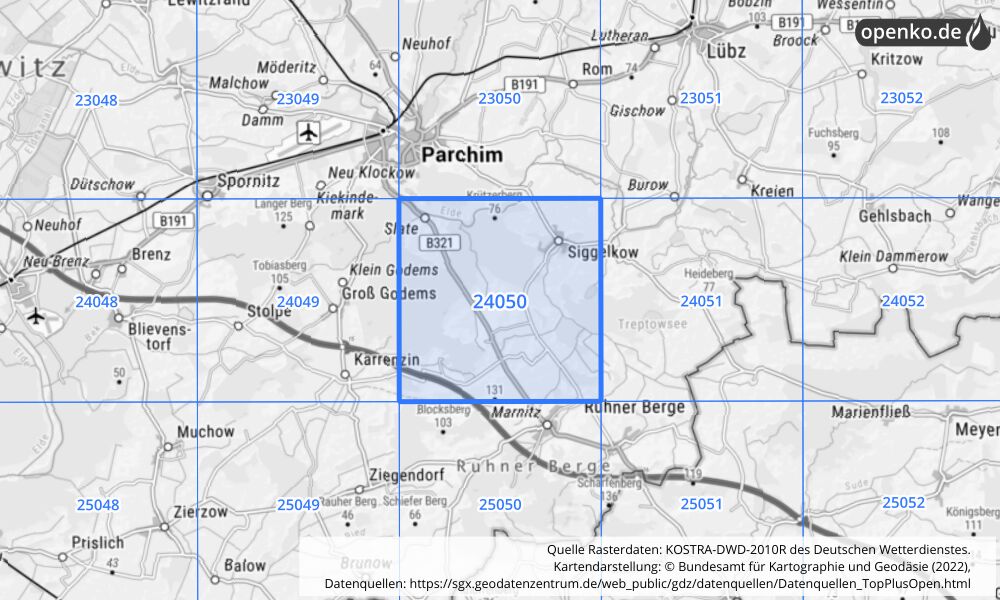 Übersichtskarte KOSTRA-DWD-2010R Rasterfeld Nr. 24050 mit angrenzenden Feldern