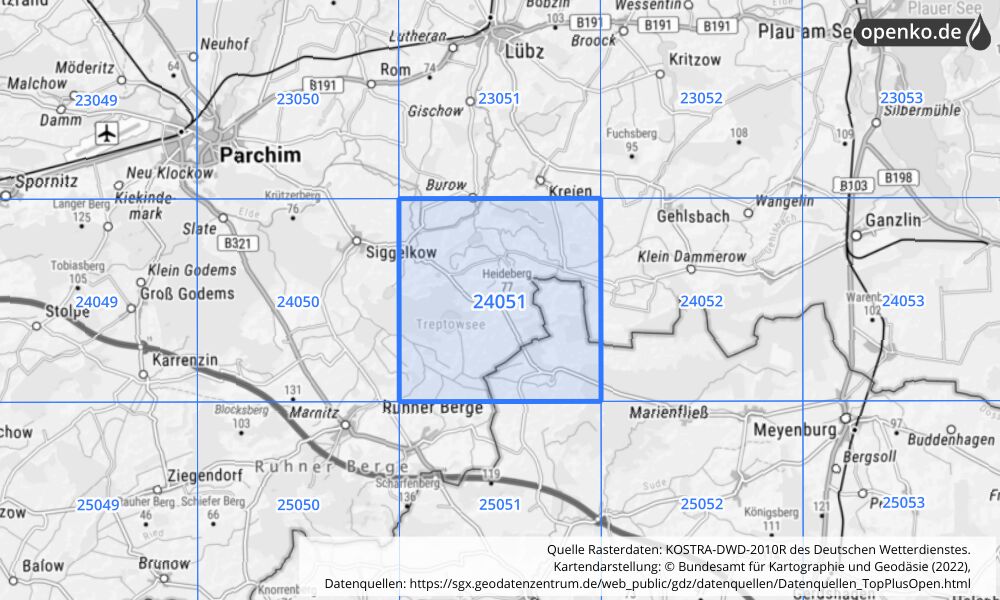 Übersichtskarte KOSTRA-DWD-2010R Rasterfeld Nr. 24051 mit angrenzenden Feldern