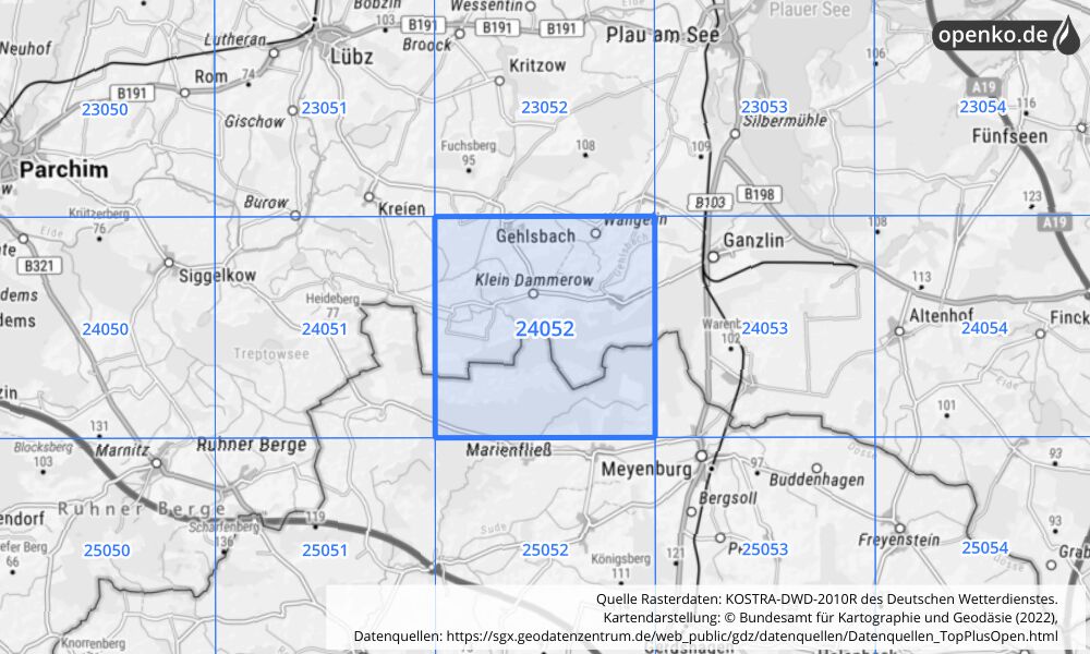 Übersichtskarte KOSTRA-DWD-2010R Rasterfeld Nr. 24052 mit angrenzenden Feldern