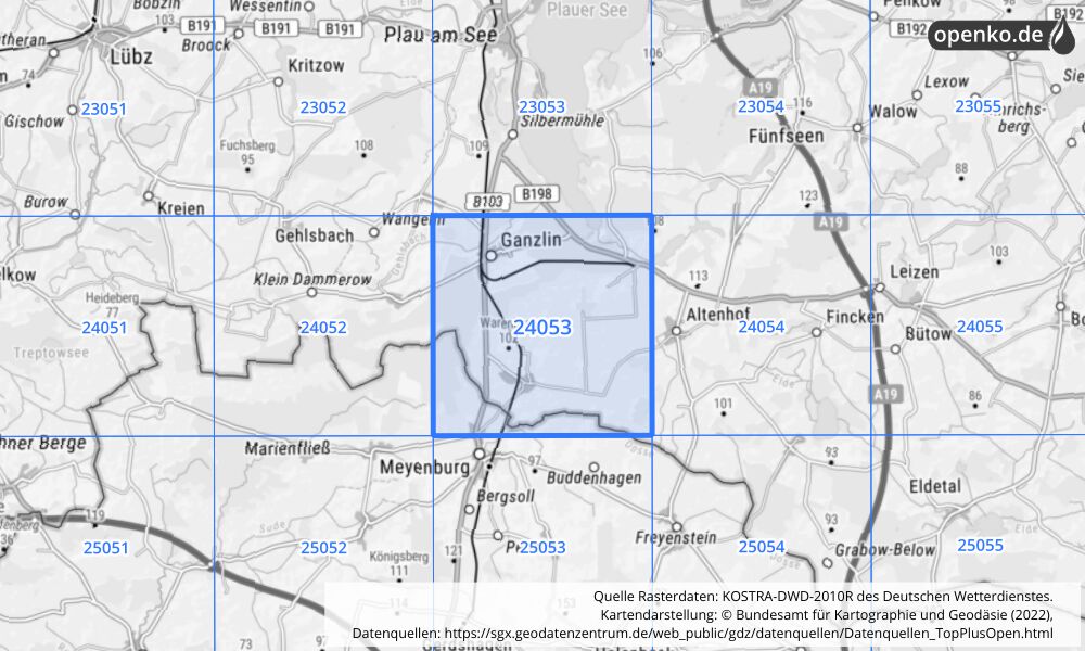 Übersichtskarte KOSTRA-DWD-2010R Rasterfeld Nr. 24053 mit angrenzenden Feldern