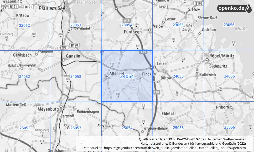 Übersichtskarte KOSTRA-DWD-2010R Rasterfeld Nr. 24054 mit angrenzenden Feldern