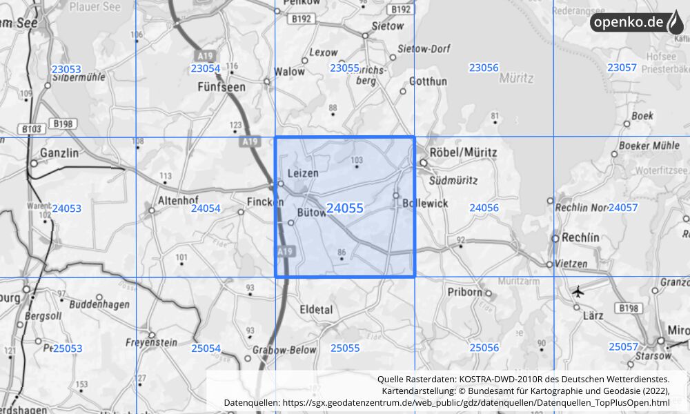 Übersichtskarte KOSTRA-DWD-2010R Rasterfeld Nr. 24055 mit angrenzenden Feldern