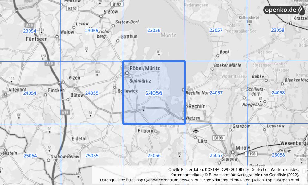 Übersichtskarte KOSTRA-DWD-2010R Rasterfeld Nr. 24056 mit angrenzenden Feldern