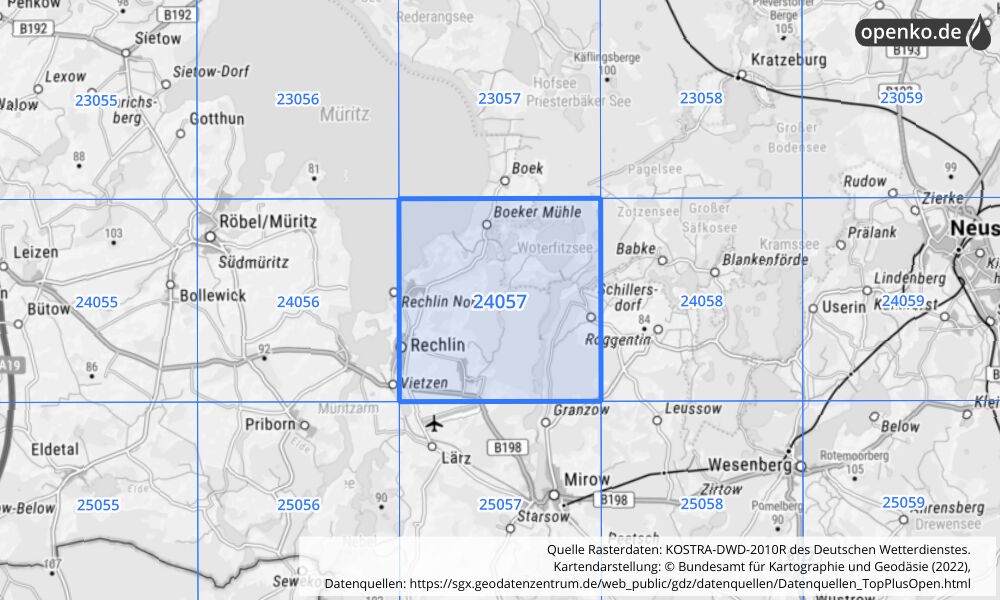 Übersichtskarte KOSTRA-DWD-2010R Rasterfeld Nr. 24057 mit angrenzenden Feldern